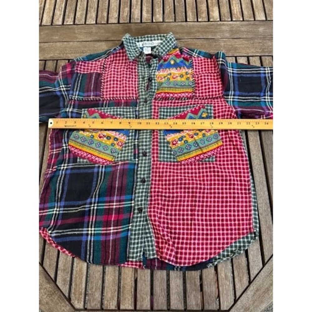 VTG Classic Kikomo Patchwork Flannel Shirt Button-Up Multi-Pattern Hearts Small - Picture 3 of 6